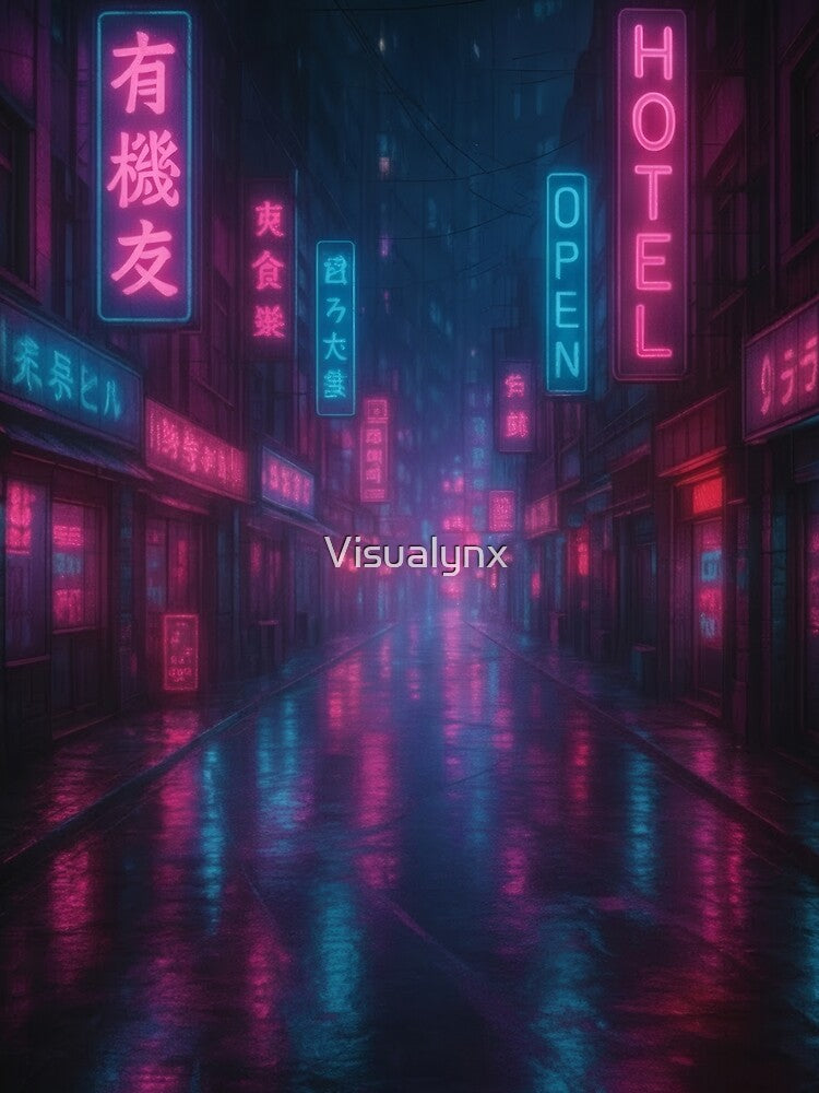 Neon Cyberpunk Alley – Futuristic City Street at Night by Visualynx