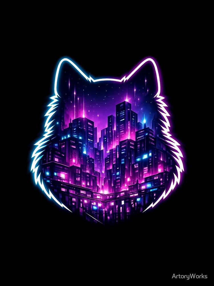 Cyberpunk Wolf City — Neon Purple Blue Fantasy Art for Bold Dreamers by ArtoryWorks