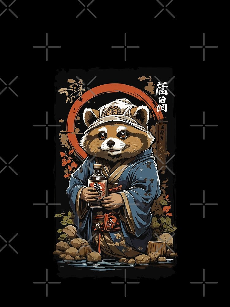 Raccoon Dog Japanese Sake Vintage Kanji Art by LuminOrb