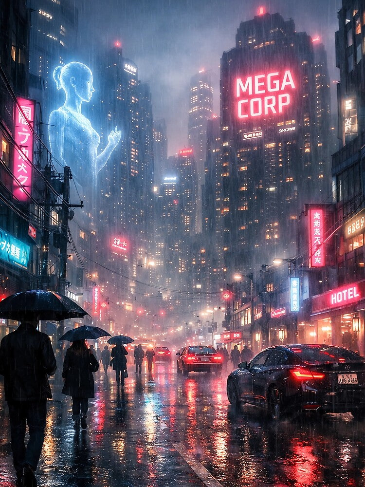 Mega Corp Neon Cyberpunk Cityscape Poster & T-Shirt Design by darekkocurek