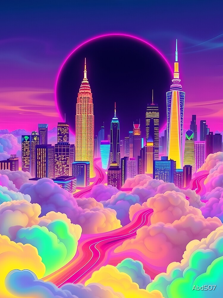 Neon New York Skyline - Cyberpunk City Art Print by AbdS07