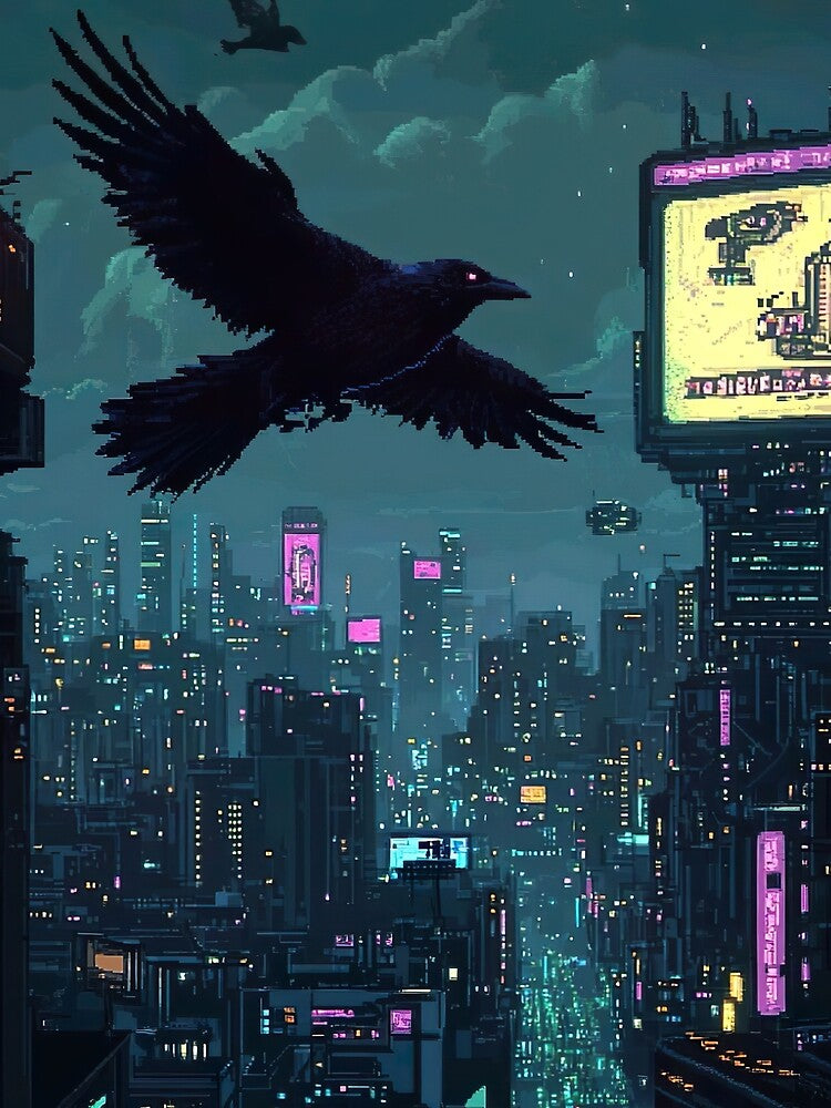Crow Flying Over Neon City by KCrowDesigns
