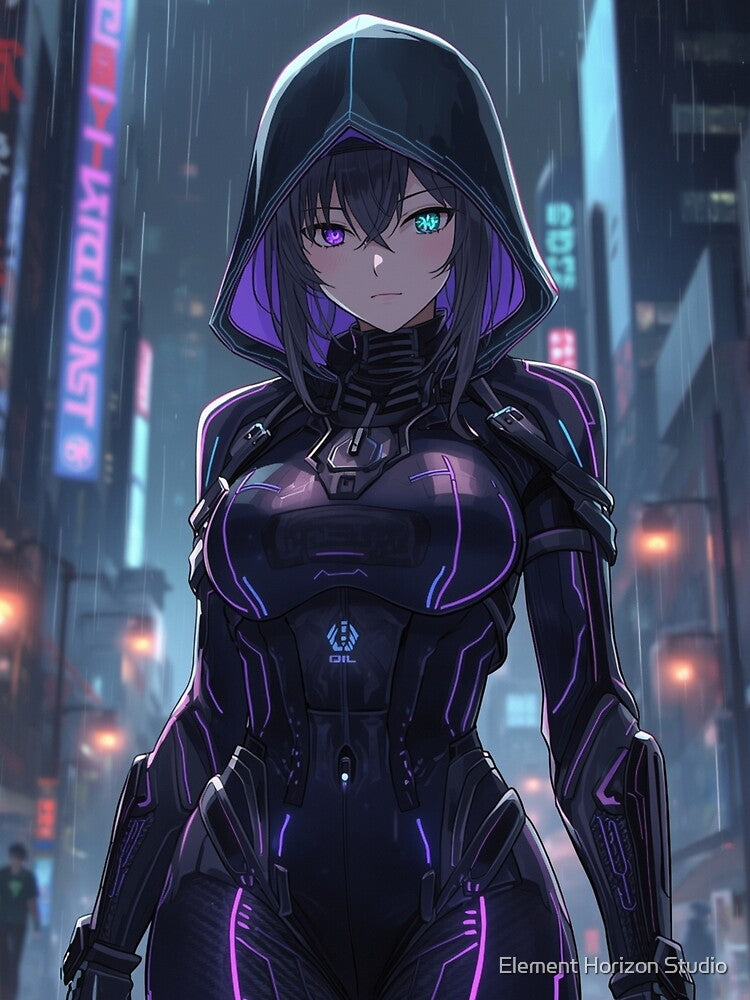 Hooded Cyberpunk Girl in Neon City Anime Sci-Fi Night Rain by Element Horizon Studio