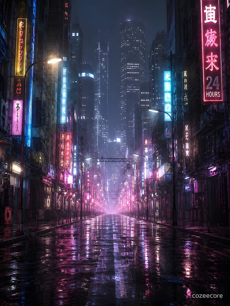 Cyberpunk City at Night – Neon Futuristic Street in the Fog Tapestry by cozeecore
