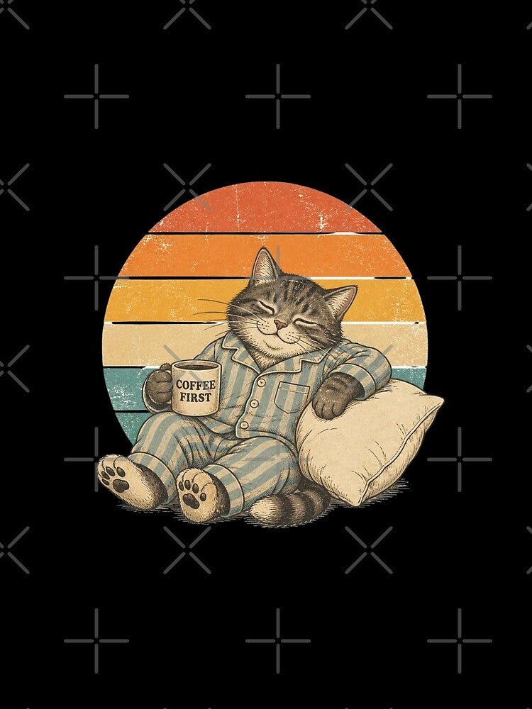 Copy of Copy of Copy of Coffee First Sleepy Cat Vintage Retro Pajama Design | Cute Lazy Cat Lover Gift by Zenvique Art