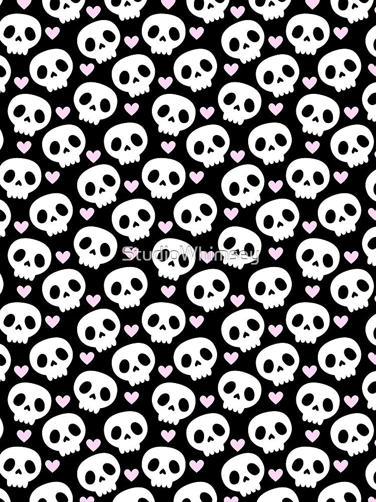 Kawaii Skull Hearts Pastel Goth Creepy Cute Spooky Skeleton Black Pink and White Pattern by StudioWhimsey