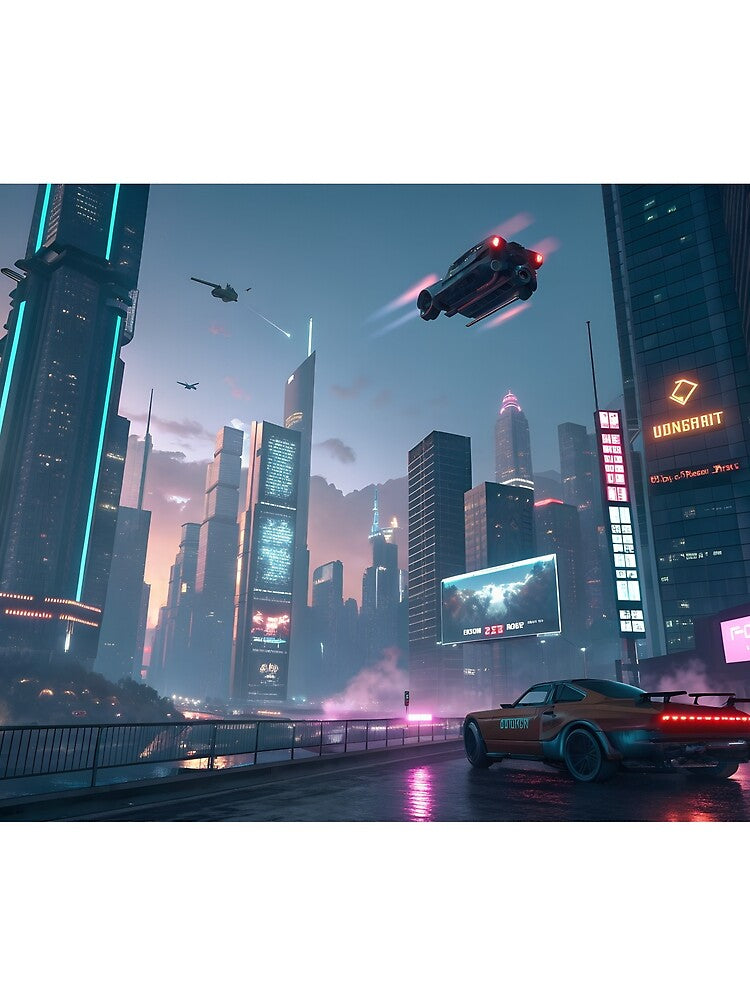 Cyberpunk city skyline glowing with neon lights, flying cars, futuristic sci-fi vibe” by FluffyPeels