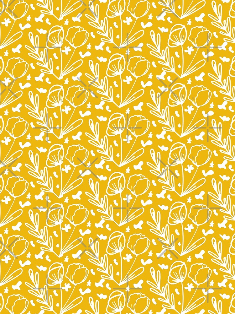 white Doodle Flowers Seamless Pattern on Yellow Background by MagicCreationsW