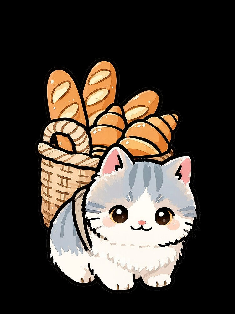 Cute Cat with French Bread Basket | Kawaii Bakery Kitty T-Shirt by Nuttajak