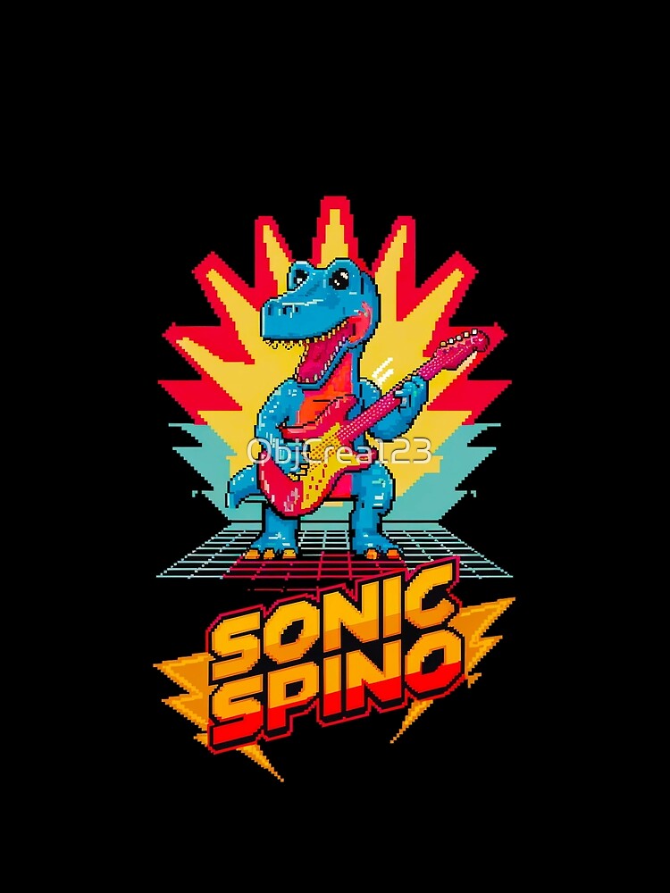 Sonic Spino - Retro Gaming T-Rex Guitarist Pixel Art Design by ObjCrea123