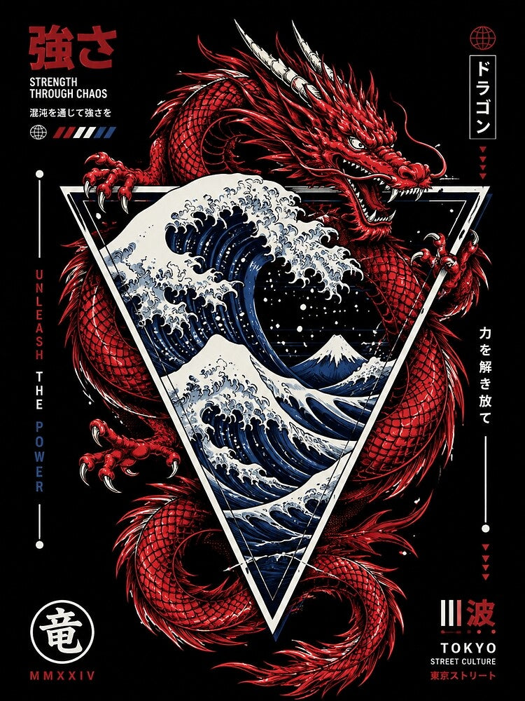 Japanese Dragon Great Wave Aesthetic Art by Bhinfy