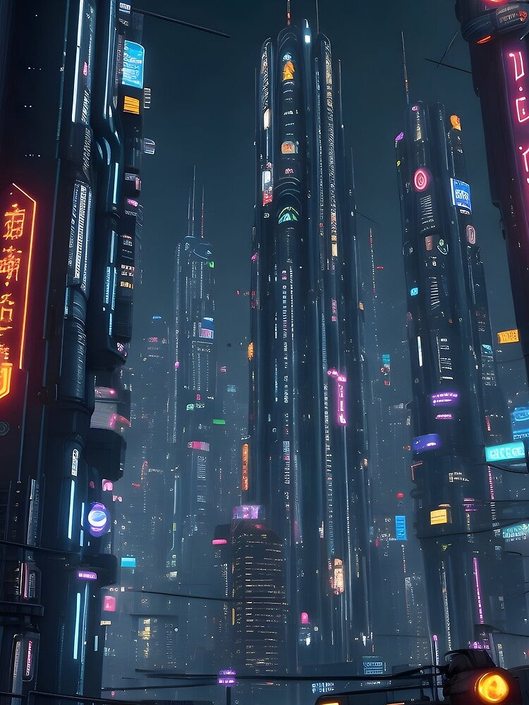 Cyberpunk Cityscape Futuristic Nighttime Neon lights by MoxieVibe