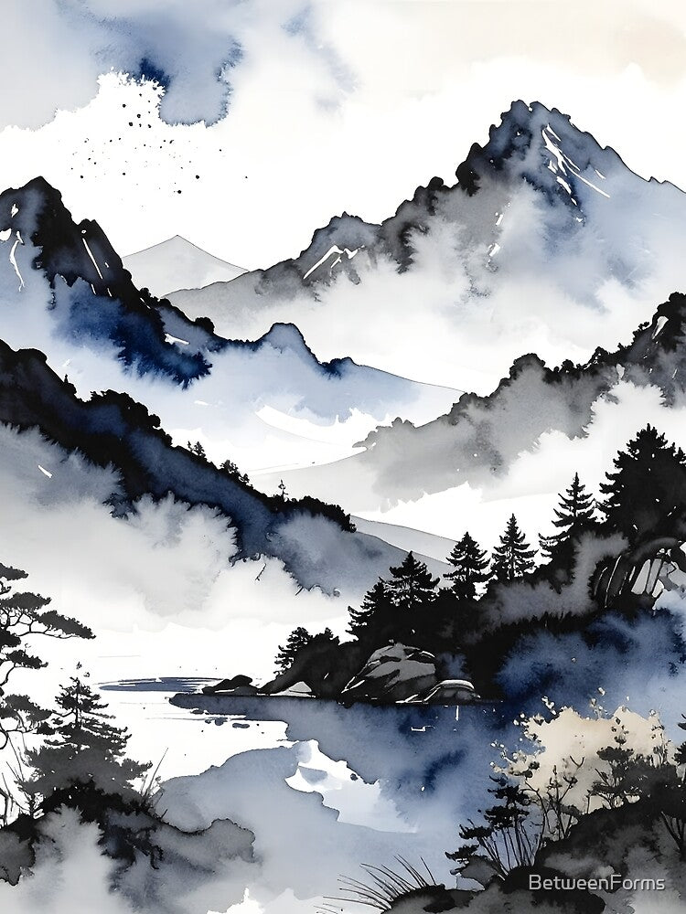 Misty Japanese Mountains Ink Wash Landscape by BetweenForms