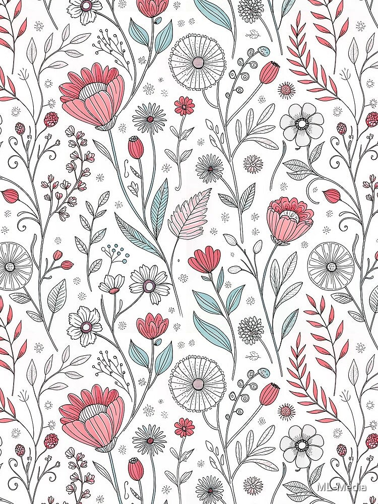 Playful Red and Blue Wildflower Doodle Pattern by ML-Media