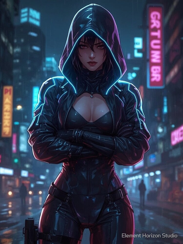 Neon Sentinel Cyberpunk Hooded Girl in Futuristic Night City by Element Horizon Studio
