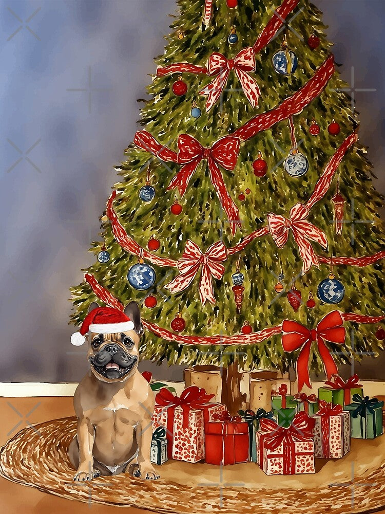 French Bulldog Fawn Christmas Tree Dog Puppy Watercolor by Magnolia Valley Art