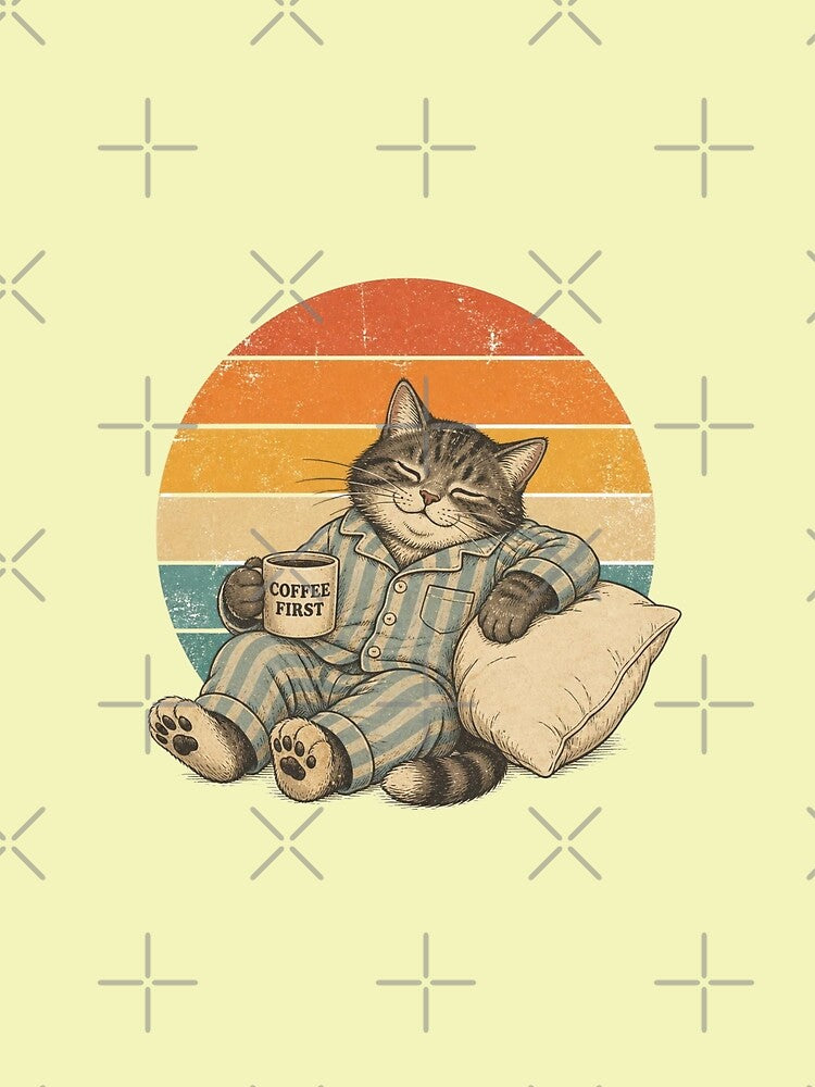 Coffee First Sleepy Cat Vintage Retro Pajama Design | Cute Lazy Cat Lover Gift by Zenvique Art