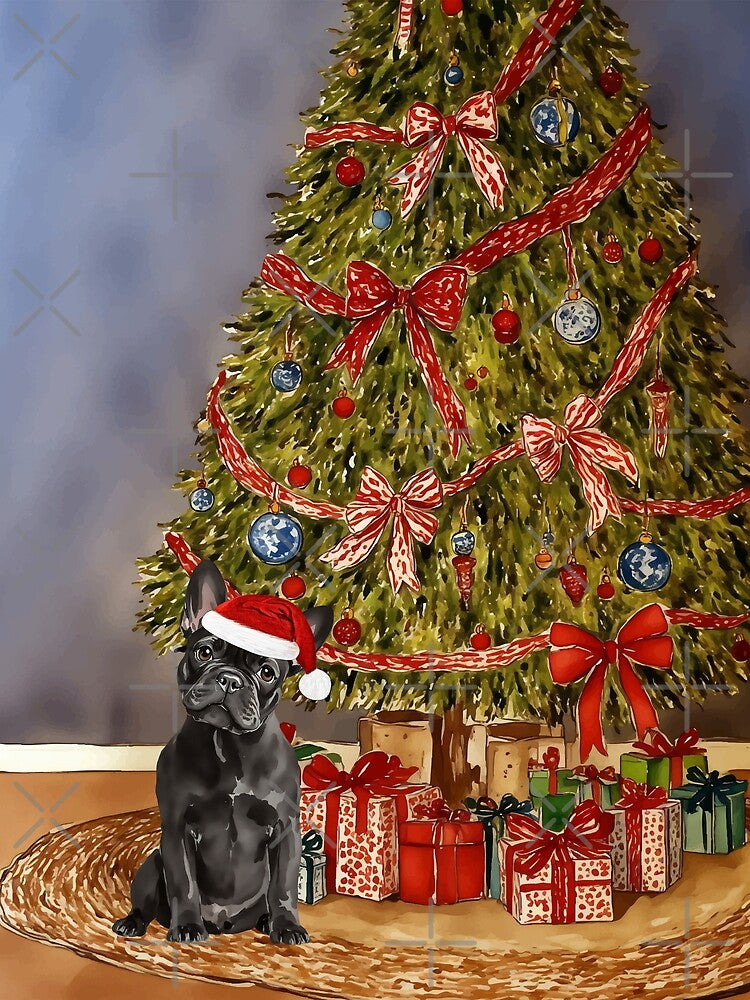 French Bulldog Black Christmas Tree Dog Puppy Watercolor by Magnolia Valley Art