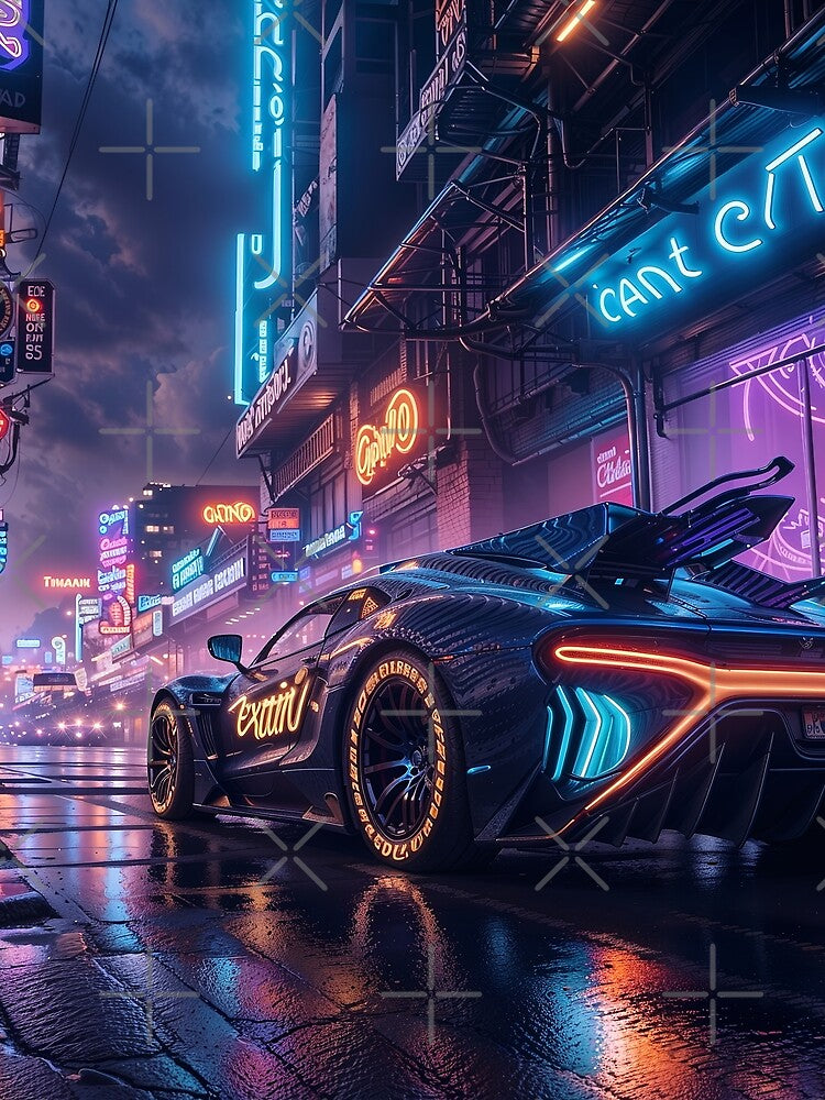 Neon Cyberpunk Sports Car on Futuristic Rainy City Streets – Sci-Fi Night Drive by pixelated_echoes