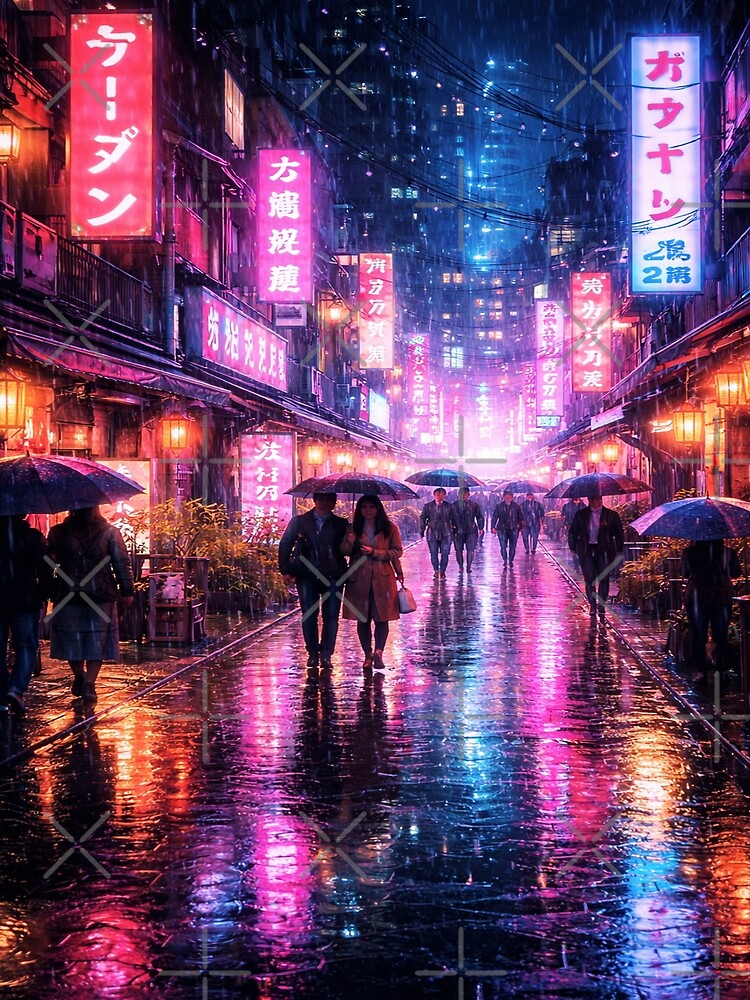 Neon Street Rain – Cyberpunk City Night Scene with Reflections & Umbrellas by Artflare Studio