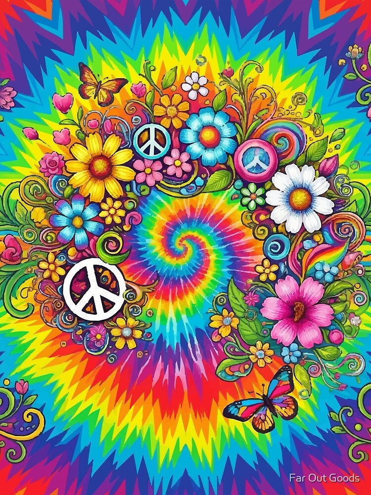 Groovy Psychedelic Tie Dye Peace Signs & Flowers Rainbow Pattern by Far Out Goods