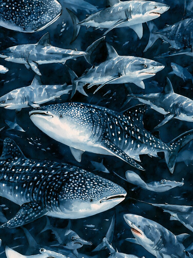Watercolor Shark Art Dark Navy Sea Pattern by FrostyFrisby