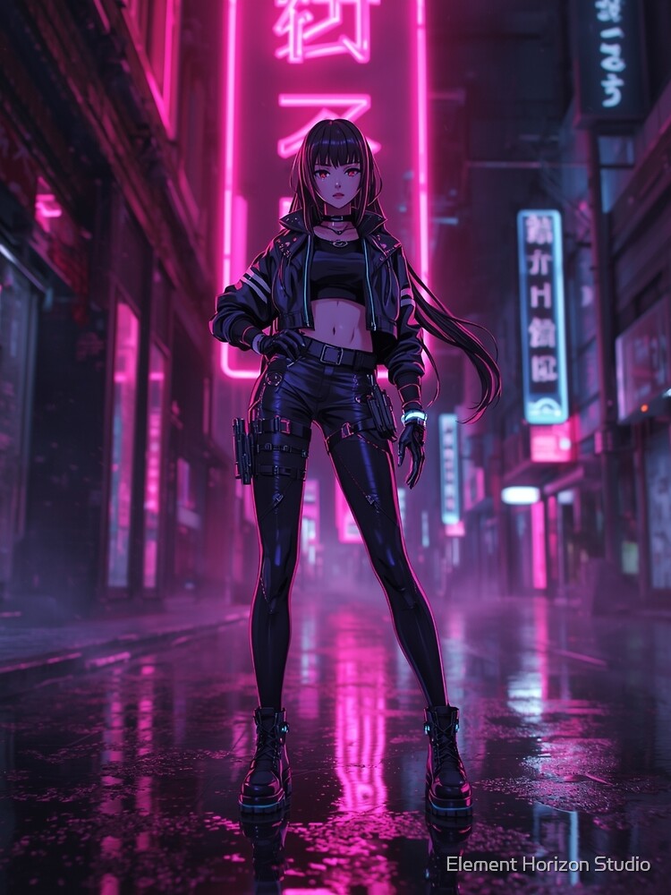 Neon Vigilante Anime Cyberpunk Girl in Pink City Night by Element Horizon Studio