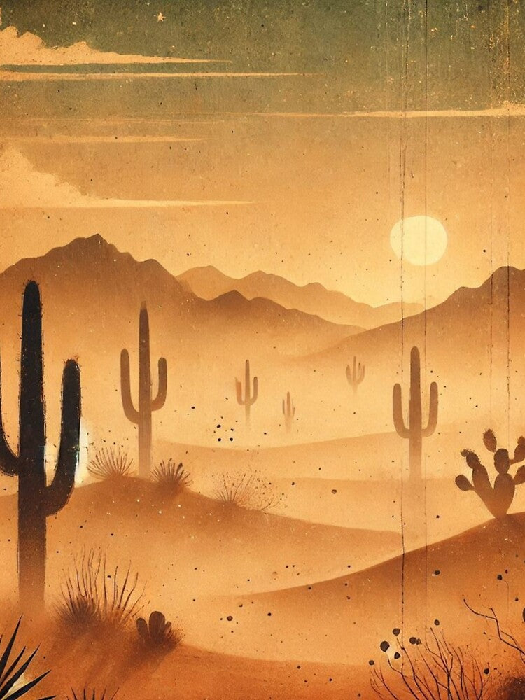 Vintage Desert Sunset – Minimalist Cactus Landscape Art by Mamokhy