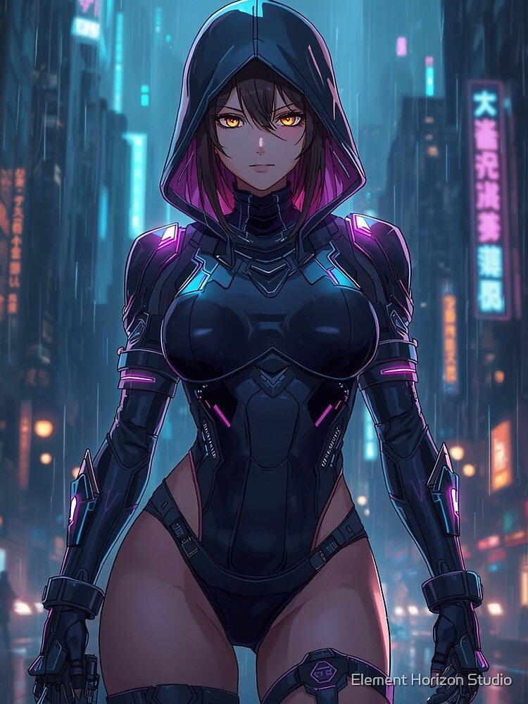 Hooded Cyberpunk Assassin Girl Neon Anime Sci-Fi City Art by Element Horizon Studio