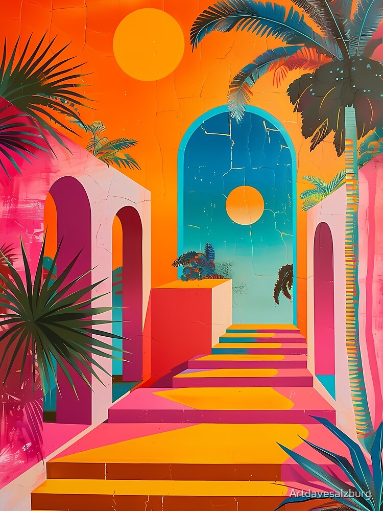 Retro Miami Tropical Architecture – Vibrant 80s Vaporwave Art by Artdavesalzburg