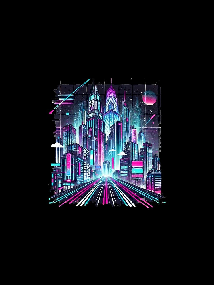 Cyberpunk Neon Cityscape - Futuristic Digital Art T-Shirt by EcoArtTees