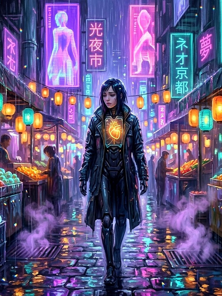 Cyberpunk Android Neon Rain Market Night Art Print by MystArt1