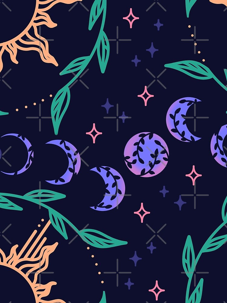 Seamless Moon Phases, sun, stars, and leaves pattern by literartyghost