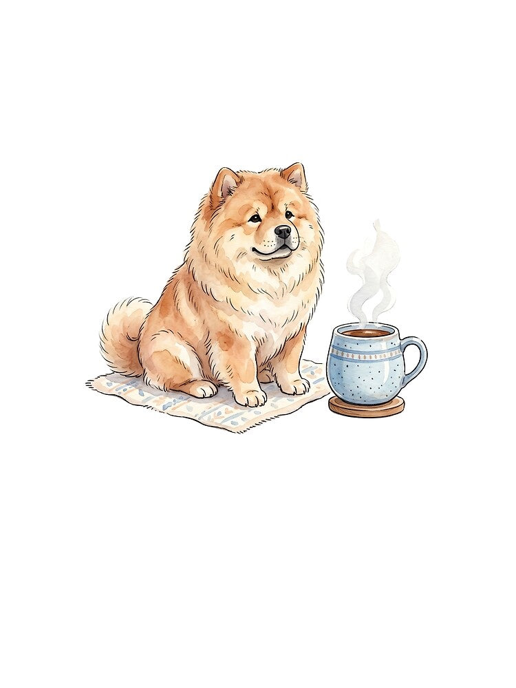 Cozy Watercolor Chow Chow Fluffy Dog with Coffee Mug by Paws And Pause