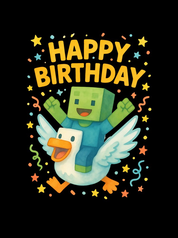 Cute Gamer Birthday Illustration — Happy Birthday Block Character Riding a Duck Watercolor Art by Colorful-Garden