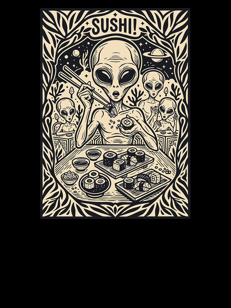 Vintage Alien Eating Sushi Funny Sci-Fi Retro Art by Cipher & Soul