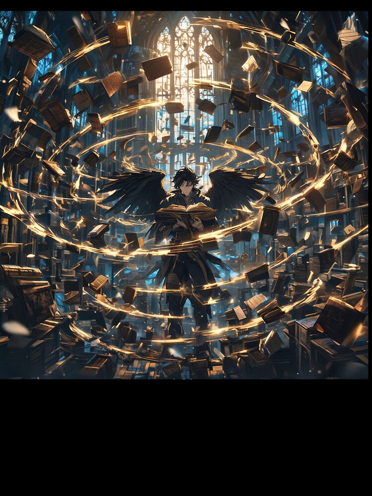 The Vortex of Forgotten Spells: Dark Anime Scholar and Fallen Angel in a Magical Swirling Library by MouradStudio