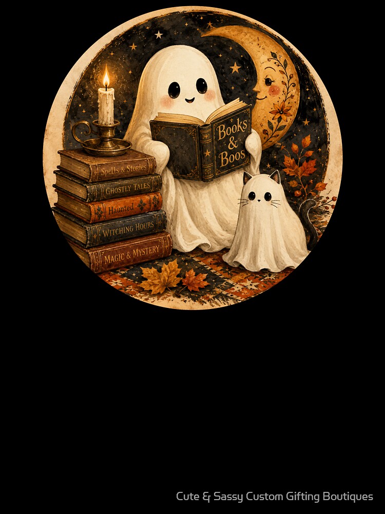 Vintage Ghost and Ghost Cat Halloween Books and Boos Reading by Cute & Sassy Custom Gifting Boutiques
