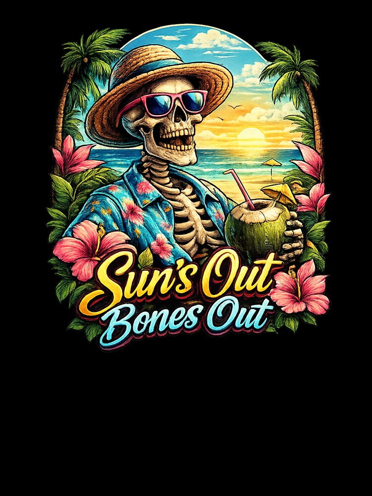Sun’s Out, Bones Out – Funny Tropical Skeleton Summer T-Shirt | Retro Beach Vibes by FrameFlow