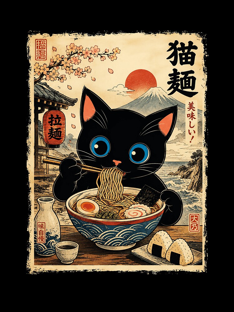 Black Cat Ramen Vintage Japanese Noodle Shop Poster by eliramaison