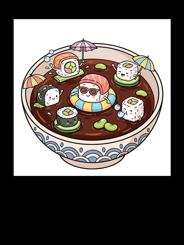 Kawaii Sushi Pool Party in Soy Sauce Bowl Illustration by digiartmagic