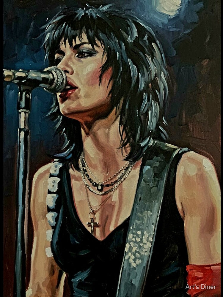80s Female Rock Singer Portrait Art | Electric Guitar Stage Performance Painting | Leather and Chains by Art's Diner