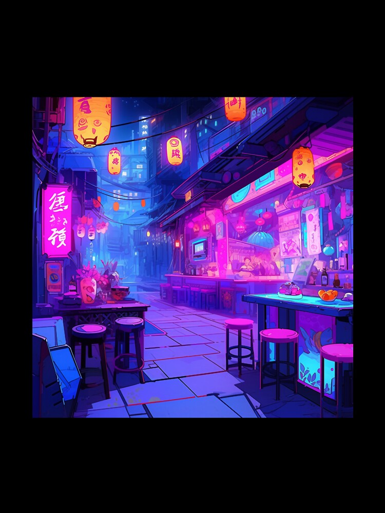 Vibrant Neon Anime-Style Izakaya Interior Digital Art Print by ZedOhEe