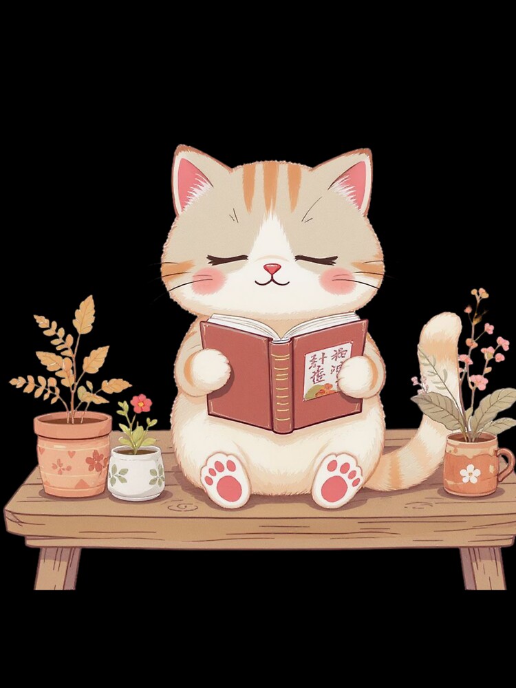 Botanical Reading Cat Illustration - Cozy Plant Mom Kitty Art - Whimsical Garden Library Decor by HappySproutArt