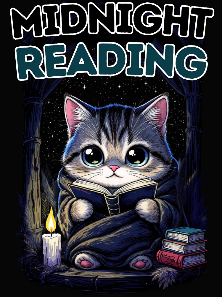 Midnight Reading Cat Cute Book Lover Reading Kitty Shirt by BellabdO