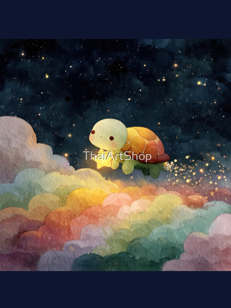 Kawaii Turtle Holding a Star Above Rainbow Clouds | Dreamy Pride Art by ThaiArtShop