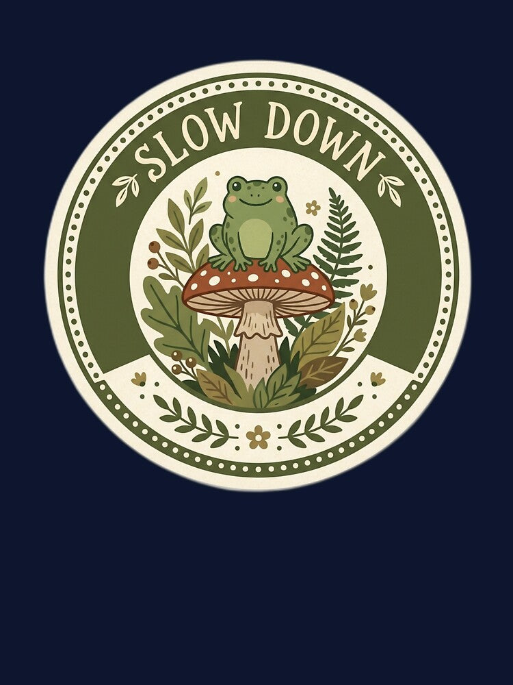 Slow Down Cute Cottagecore Frog on Mushroom by EmrYldrn