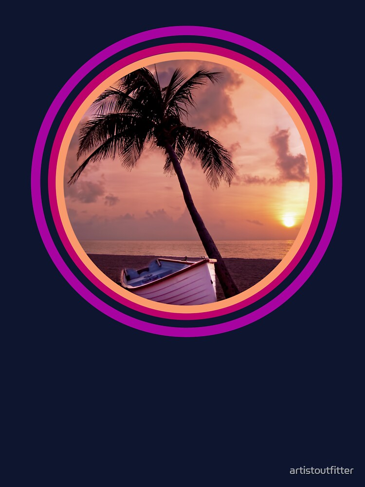 Boat, Palm and Sunset by artistoutfitter