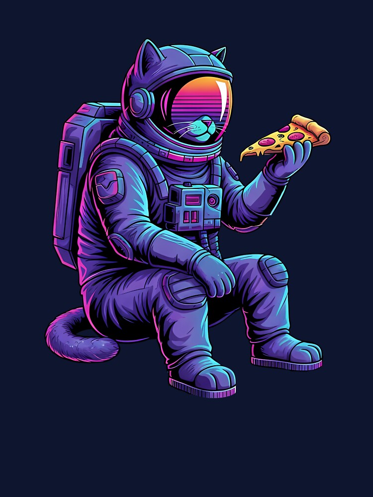 Chill Astronaut Cat Sitting on Retro Sunset Grid with pizza by LIGHT-CANVAS