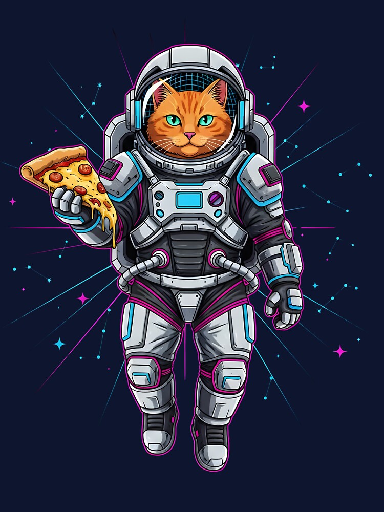 Cool Floating Astronaut Cat & Pizza – Retro Synthwave Space by LIGHT-CANVAS